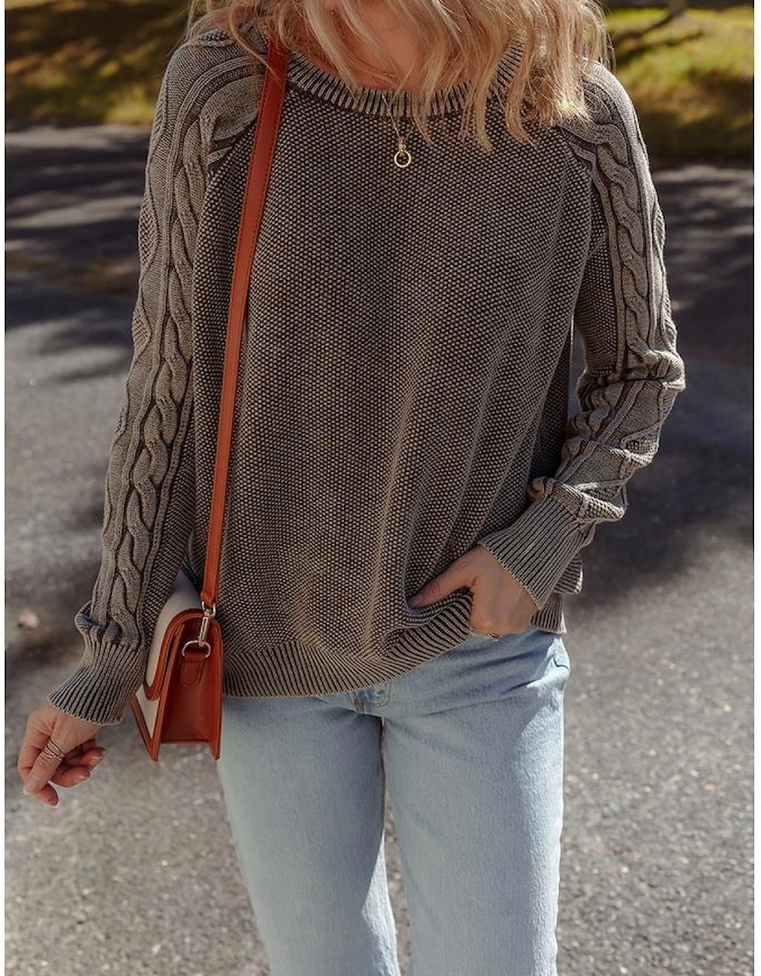 Dark Brown Contrast Cable Knit Sleeve Casual Sweater