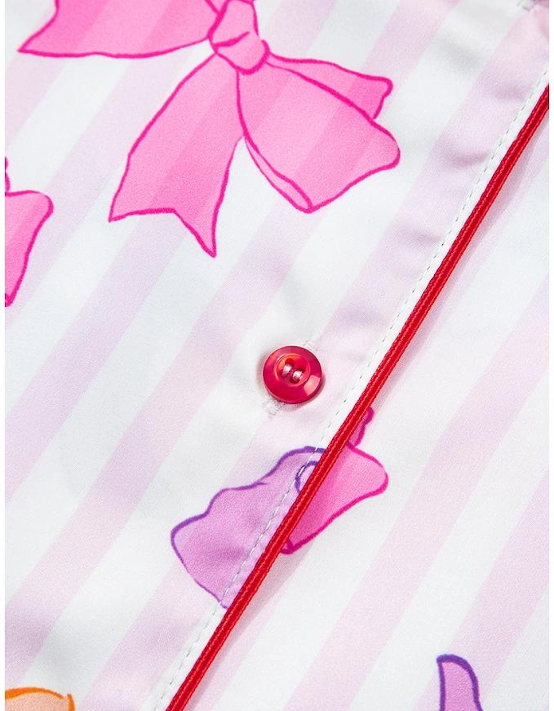 Pink Striped Bow Print Contrast Piping Trim Shirt and Pants 2pcs Pajama Set