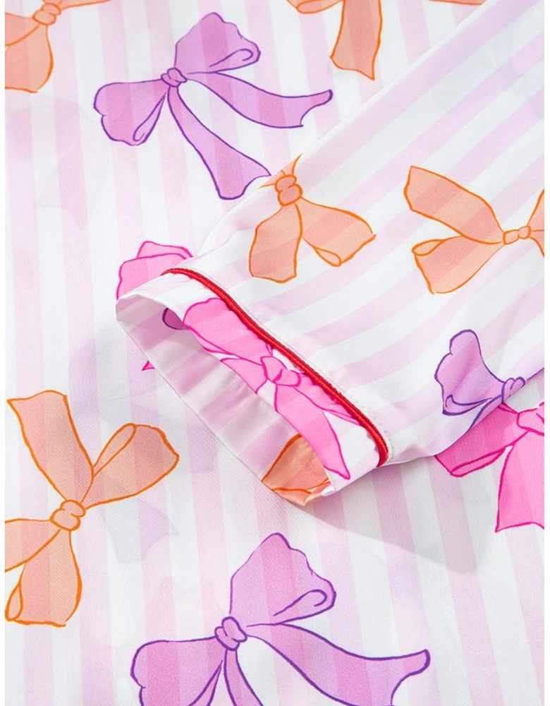 Pink Striped Bow Print Contrast Piping Trim Shirt and Pants 2pcs Pajama Set