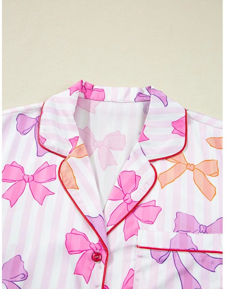Pink Striped Bow Print Contrast Piping Trim Shirt and Pants 2pcs Pajama Set