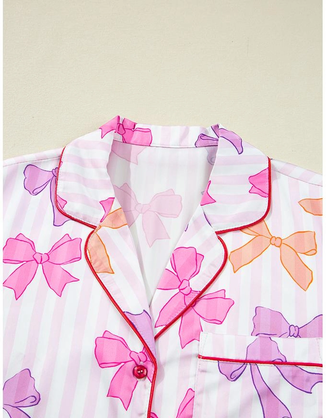 Pink Striped Bow Print Contrast Piping Trim Shirt and Pants 2pcs Pajama Set