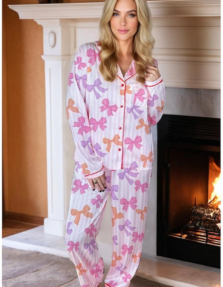 Pink Striped Bow Print Contrast Piping Trim Shirt and Pants 2pcs Pajama Set