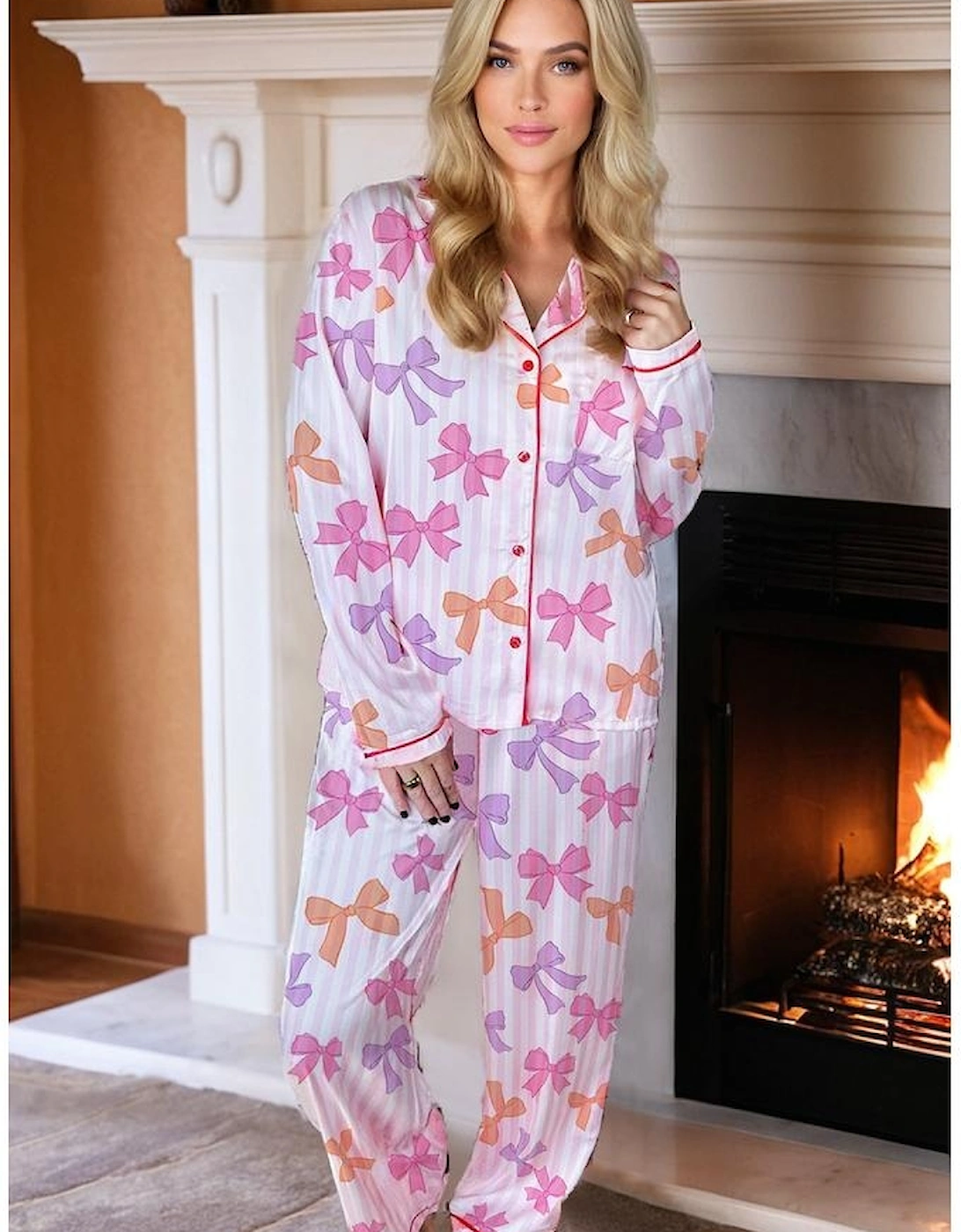 Pink Striped Bow Print Contrast Piping Trim Shirt and Pants 2pcs Pajama Set, 16 of 15