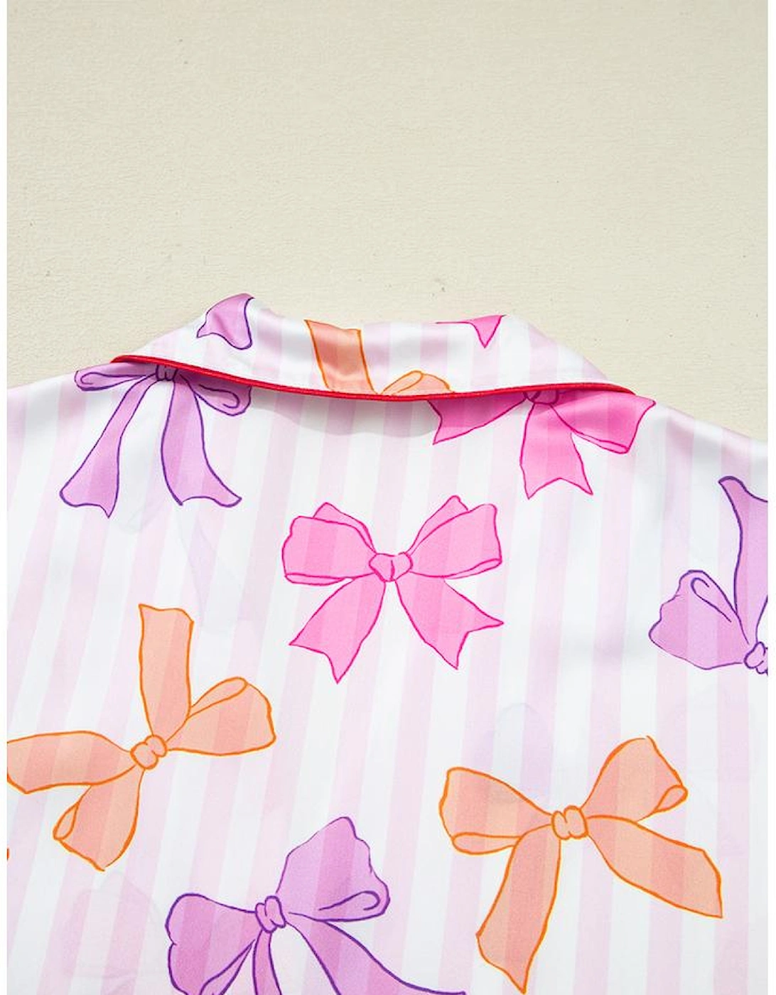 Pink Striped Bow Print Contrast Piping Trim Shirt and Pants 2pcs Pajama Set