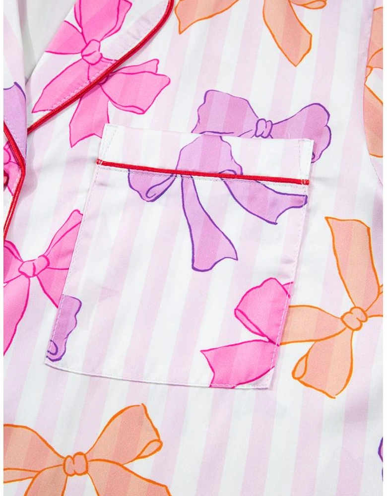 Pink Striped Bow Print Contrast Piping Trim Shirt and Pants 2pcs Pajama Set