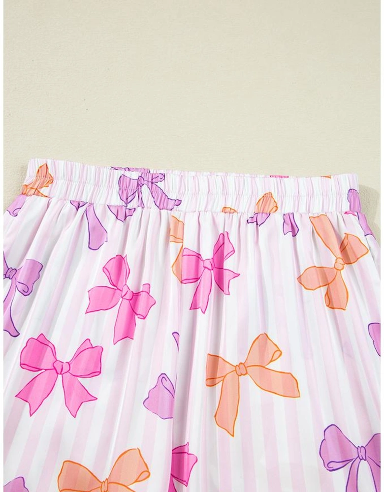 Pink Striped Bow Print Contrast Piping Trim Shirt and Pants 2pcs Pajama Set