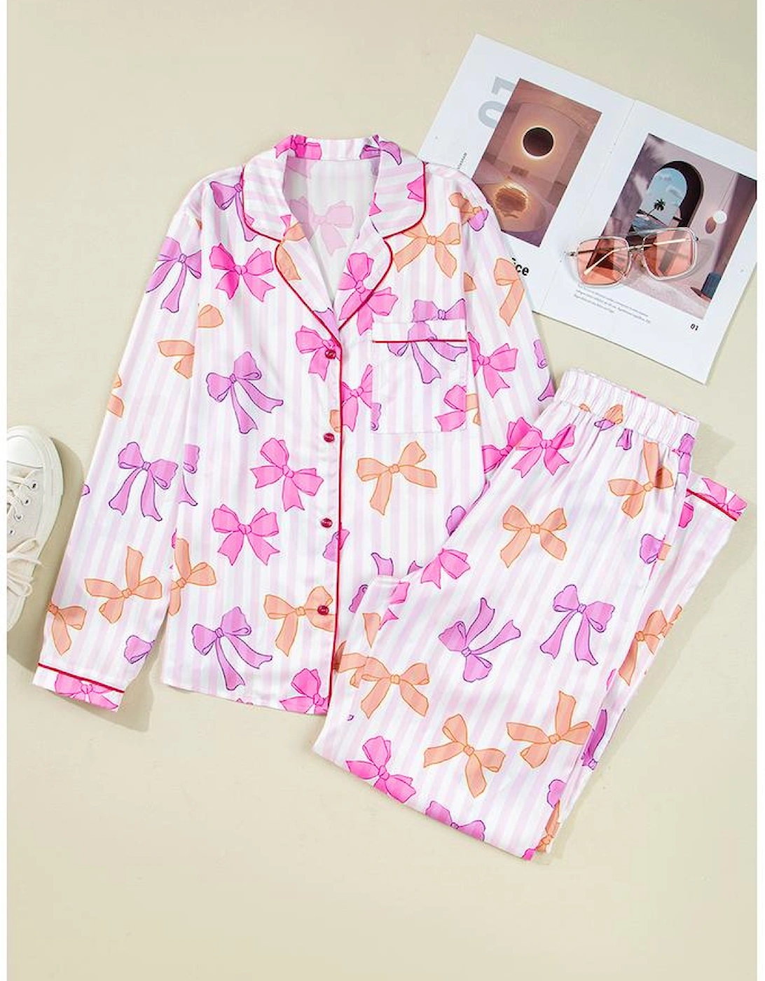 Pink Striped Bow Print Contrast Piping Trim Shirt and Pants 2pcs Pajama Set