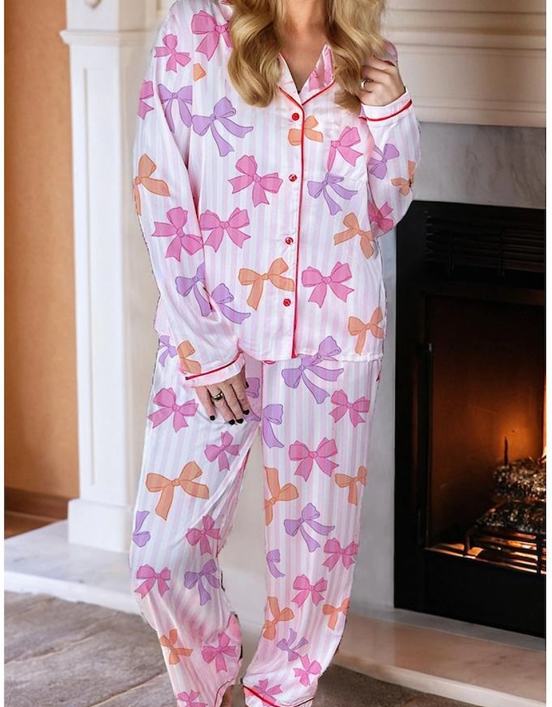 Pink Striped Bow Print Contrast Piping Trim Shirt and Pants 2pcs Pajama Set