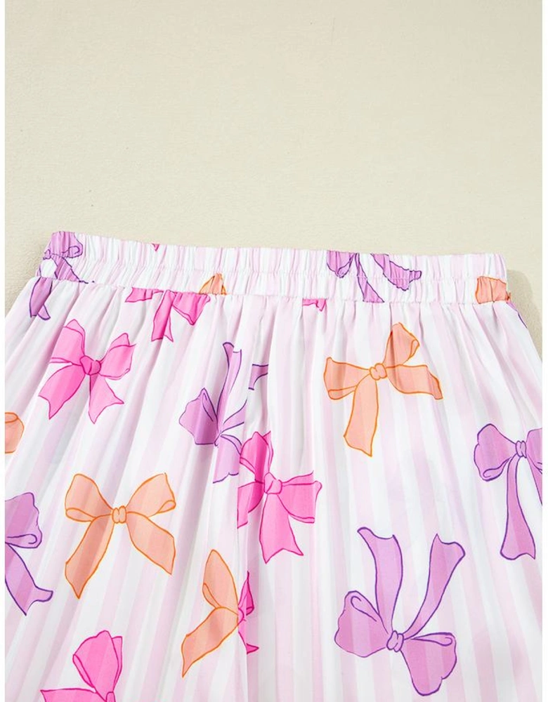 Pink Striped Bow Print Contrast Piping Trim Shirt and Pants 2pcs Pajama Set