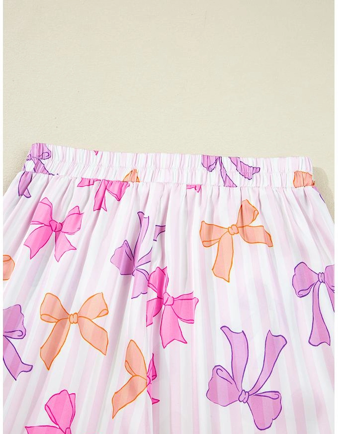 Pink Striped Bow Print Contrast Piping Trim Shirt and Pants 2pcs Pajama Set