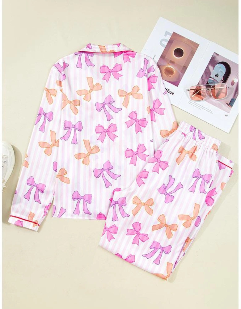 Pink Striped Bow Print Contrast Piping Trim Shirt and Pants 2pcs Pajama Set