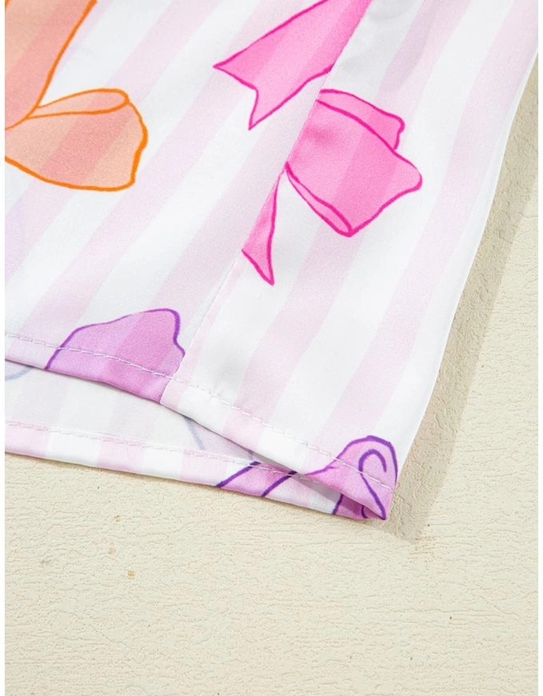 Pink Striped Bow Print Contrast Piping Trim Shirt and Pants 2pcs Pajama Set