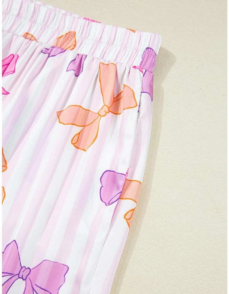 Pink Striped Bow Print Contrast Piping Trim Shirt and Pants 2pcs Pajama Set