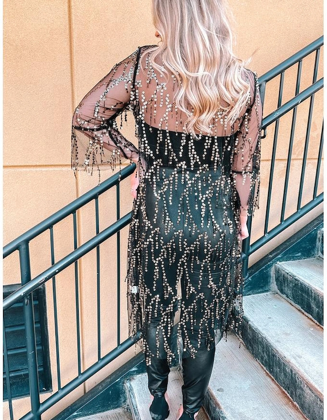 Black Sequin Sheer Long Sleeve Open Front Kimono