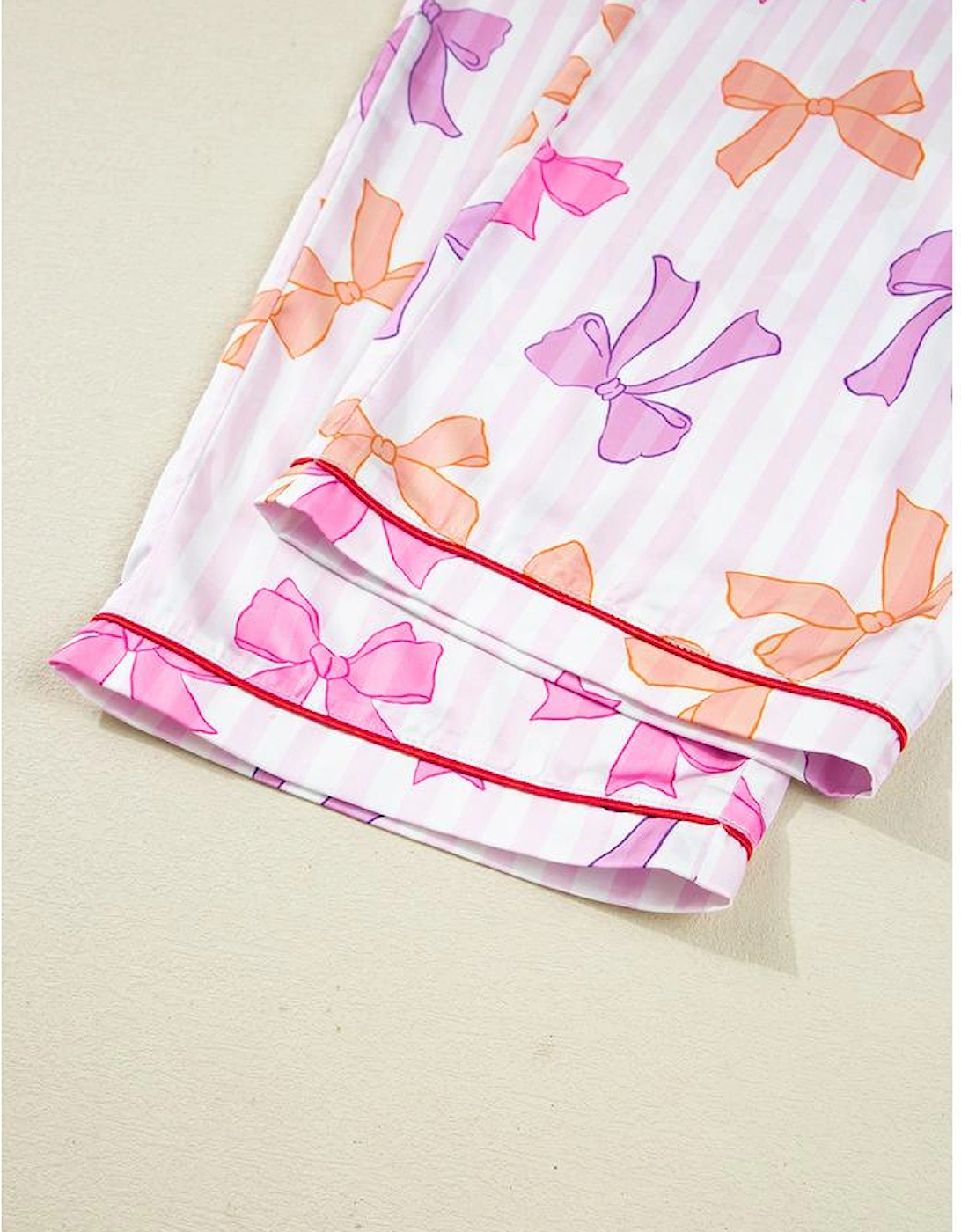 Pink Striped Bow Print Contrast Piping Trim Shirt and Pants 2pcs Pajama Set