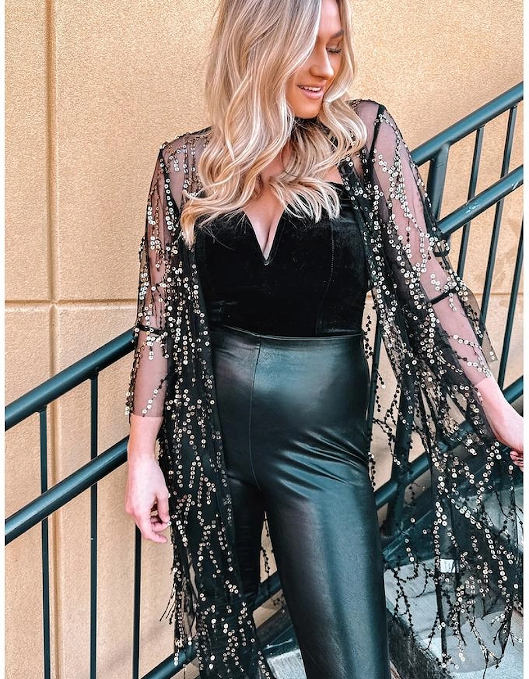 Black Sequin Sheer Long Sleeve Open Front Kimono, 16 of 15