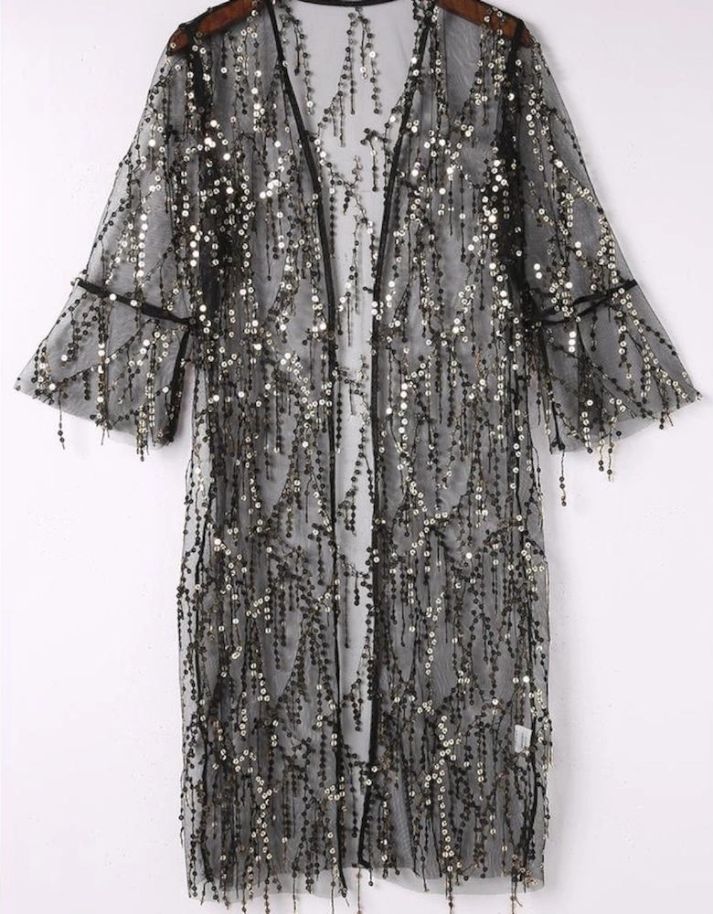 Black Sequin Sheer Long Sleeve Open Front Kimono