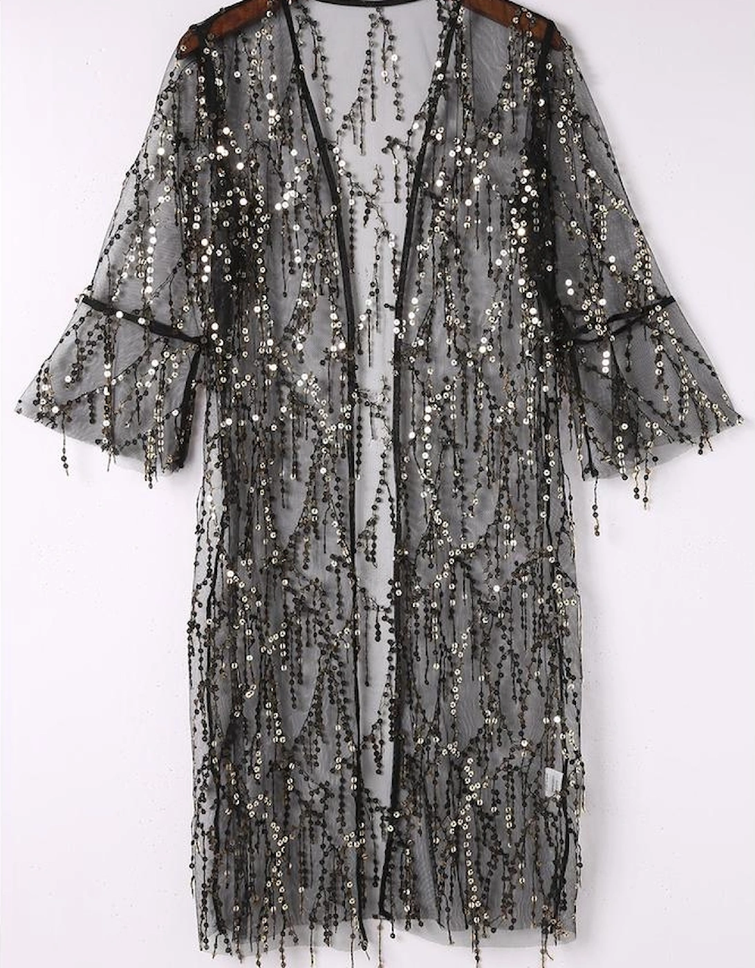 Black Sequin Sheer Long Sleeve Open Front Kimono