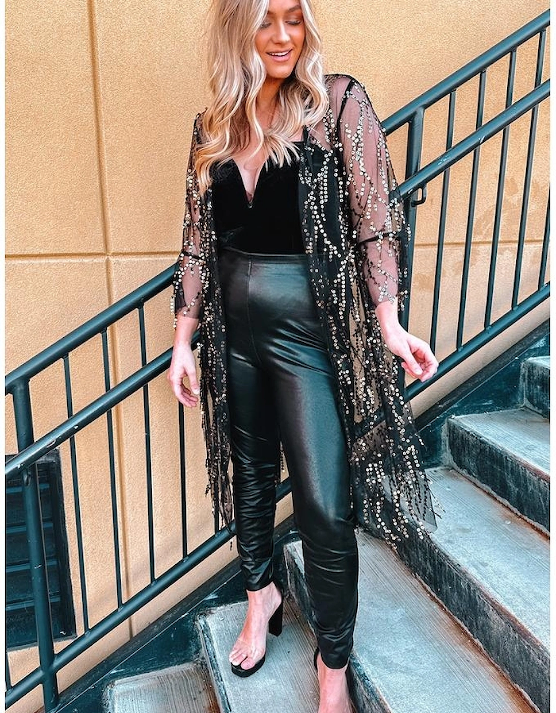 Black Sequin Sheer Long Sleeve Open Front Kimono