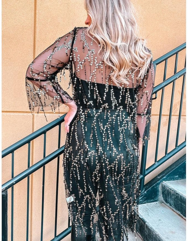 Black Sequin Sheer Long Sleeve Open Front Kimono