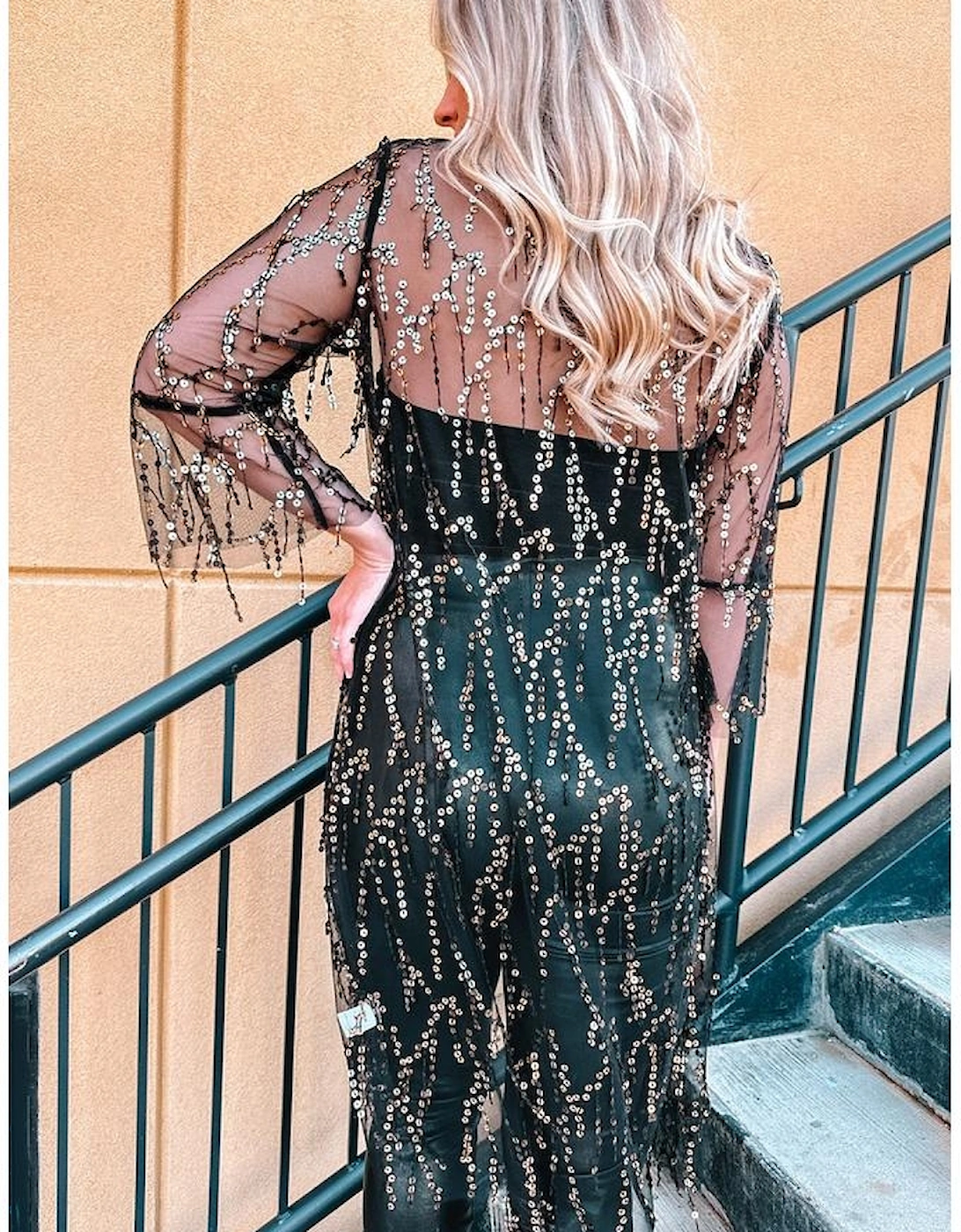 Black Sequin Sheer Long Sleeve Open Front Kimono