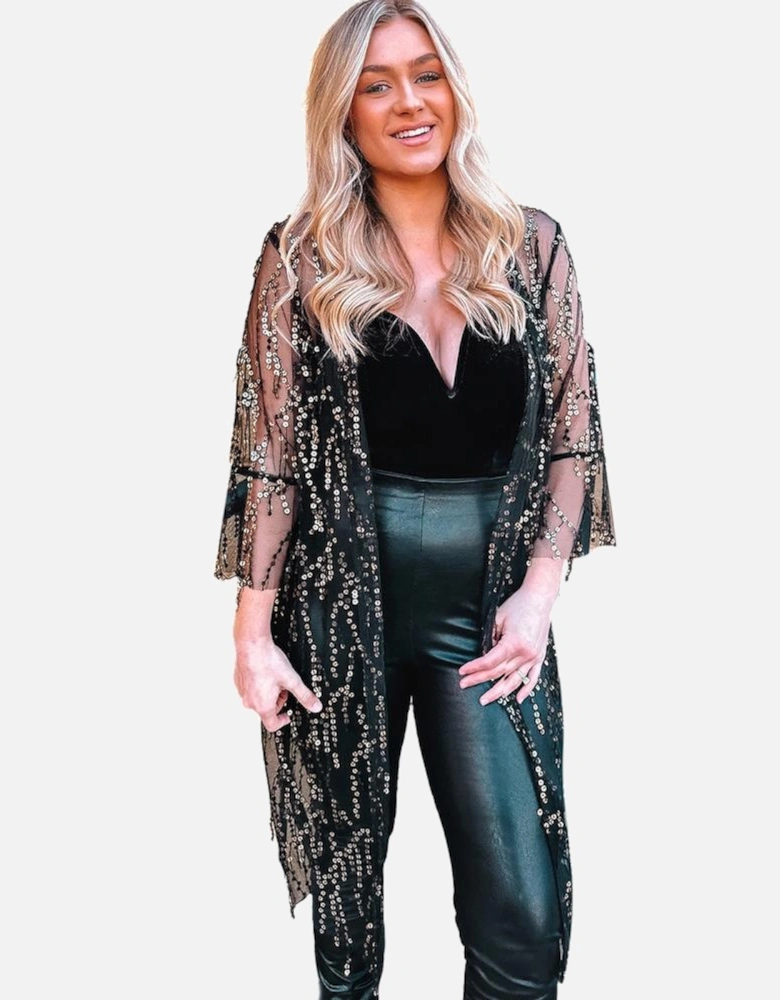 Black Sequin Sheer Long Sleeve Open Front Kimono