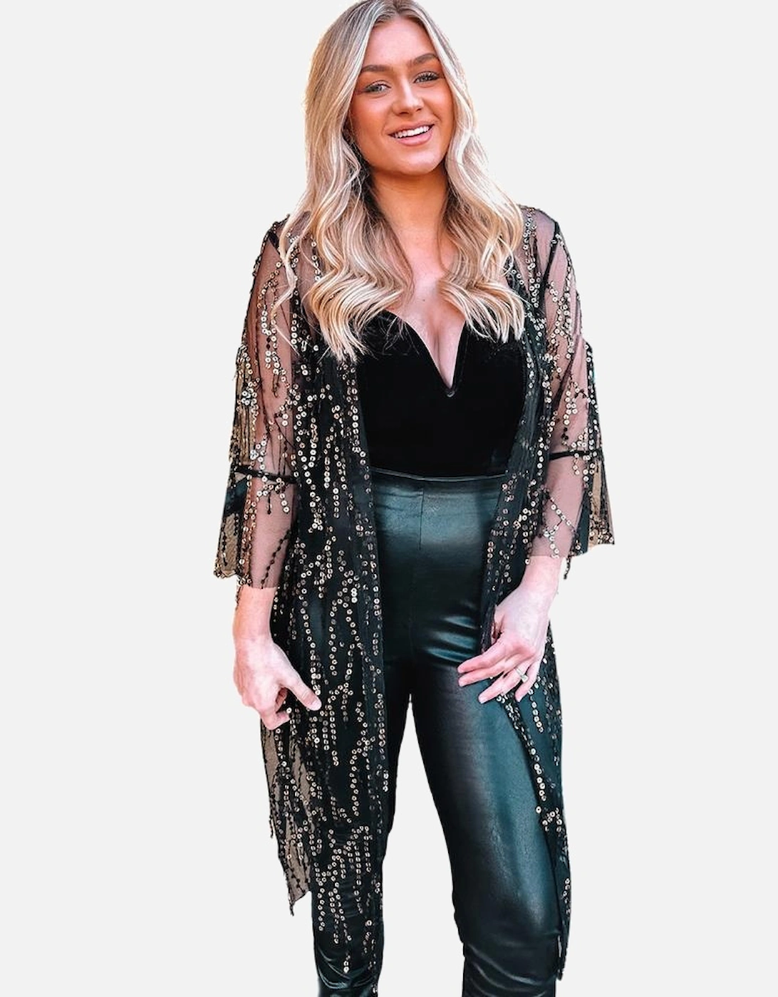 Black Sequin Sheer Long Sleeve Open Front Kimono