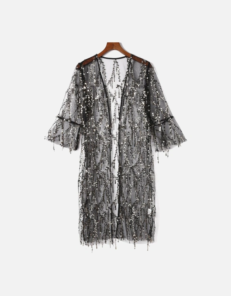Black Sequin Sheer Long Sleeve Open Front Kimono