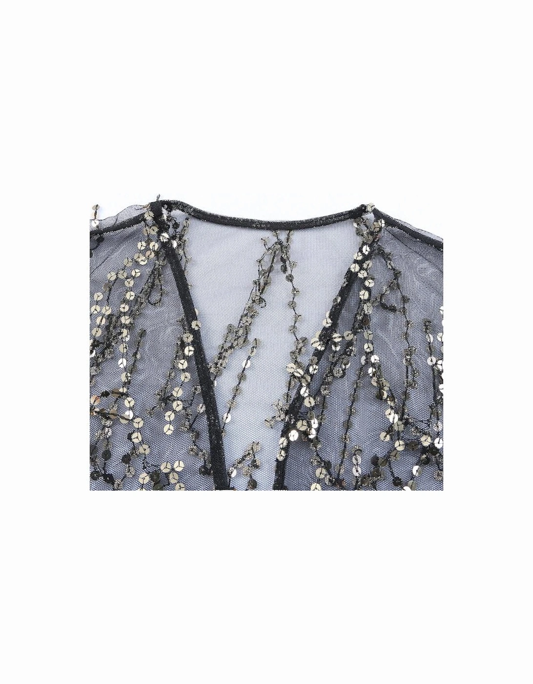 Black Sequin Sheer Long Sleeve Open Front Kimono