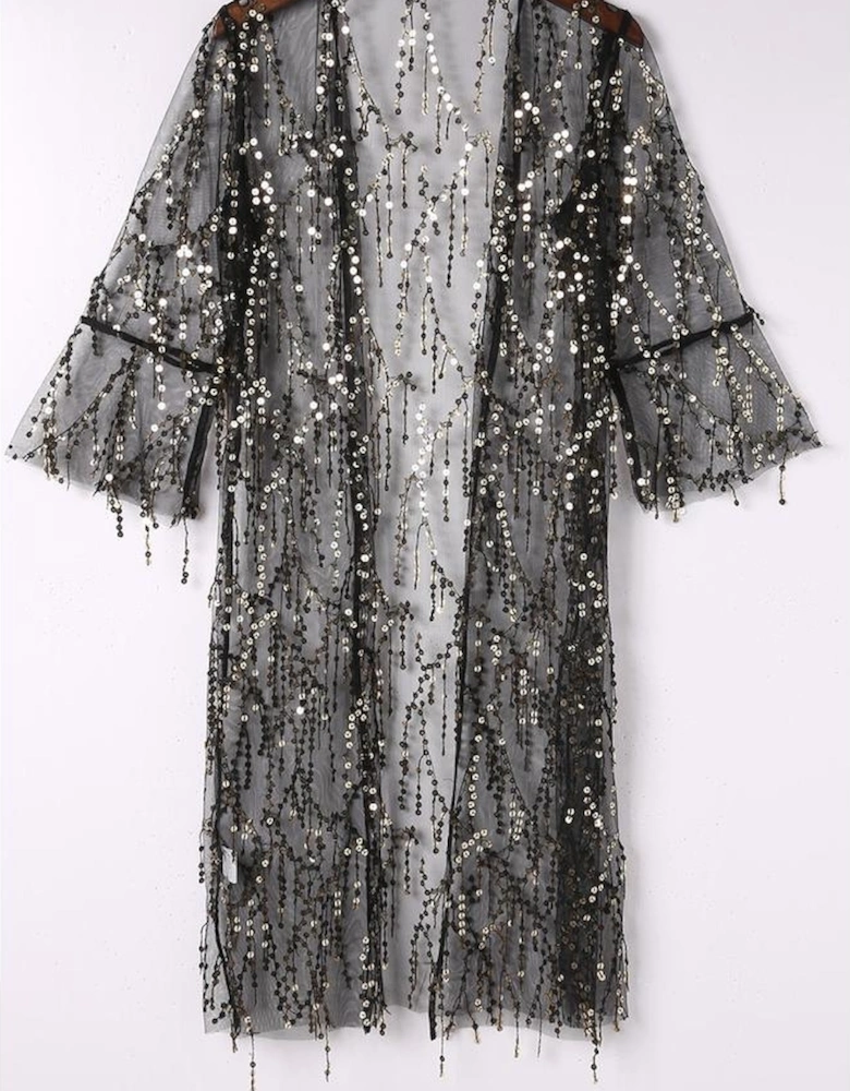 Black Sequin Sheer Long Sleeve Open Front Kimono