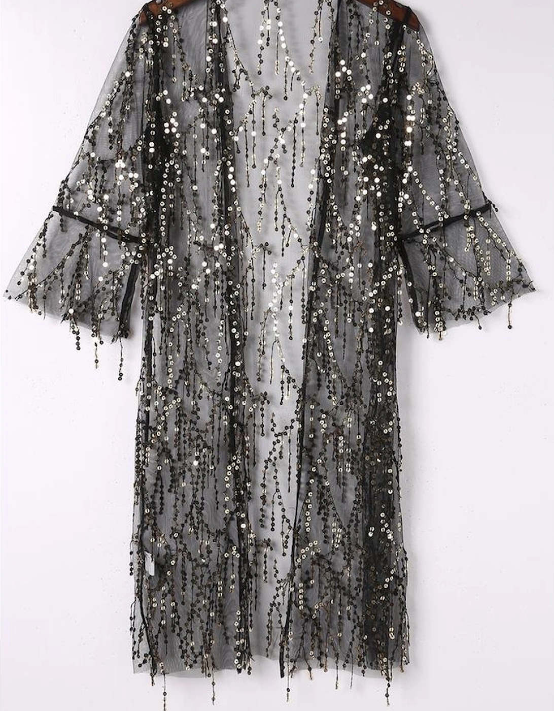 Black Sequin Sheer Long Sleeve Open Front Kimono