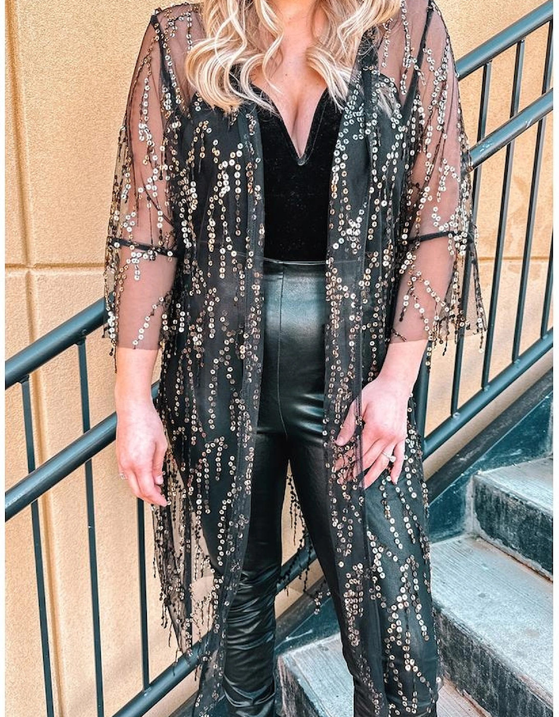 Black Sequin Sheer Long Sleeve Open Front Kimono