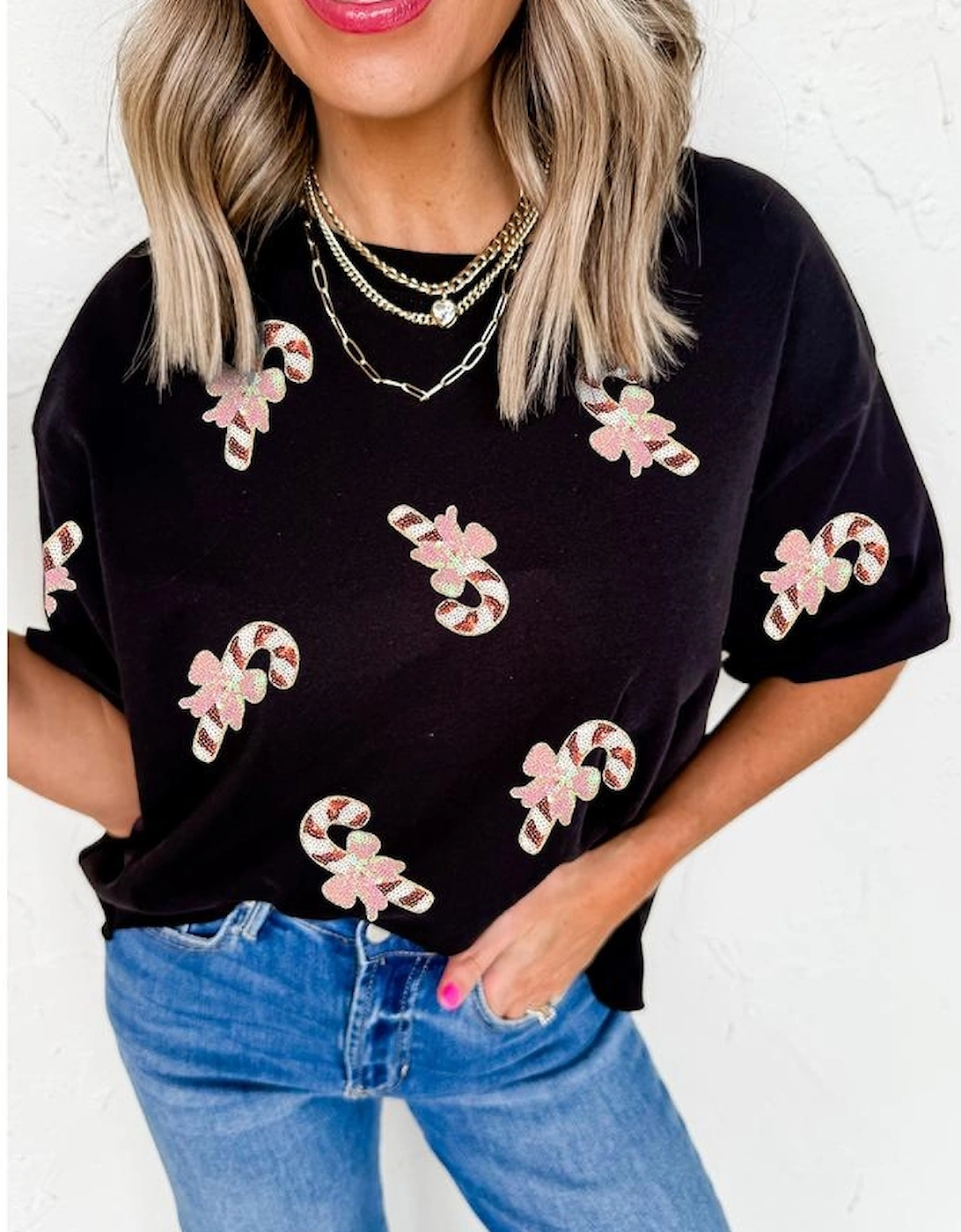 Black Sequined Candy Cane Patched Pattern Holiday T Shirt