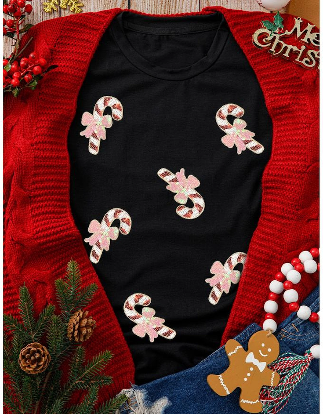 Black Sequined Candy Cane Patched Pattern Holiday T Shirt, 6 of 5