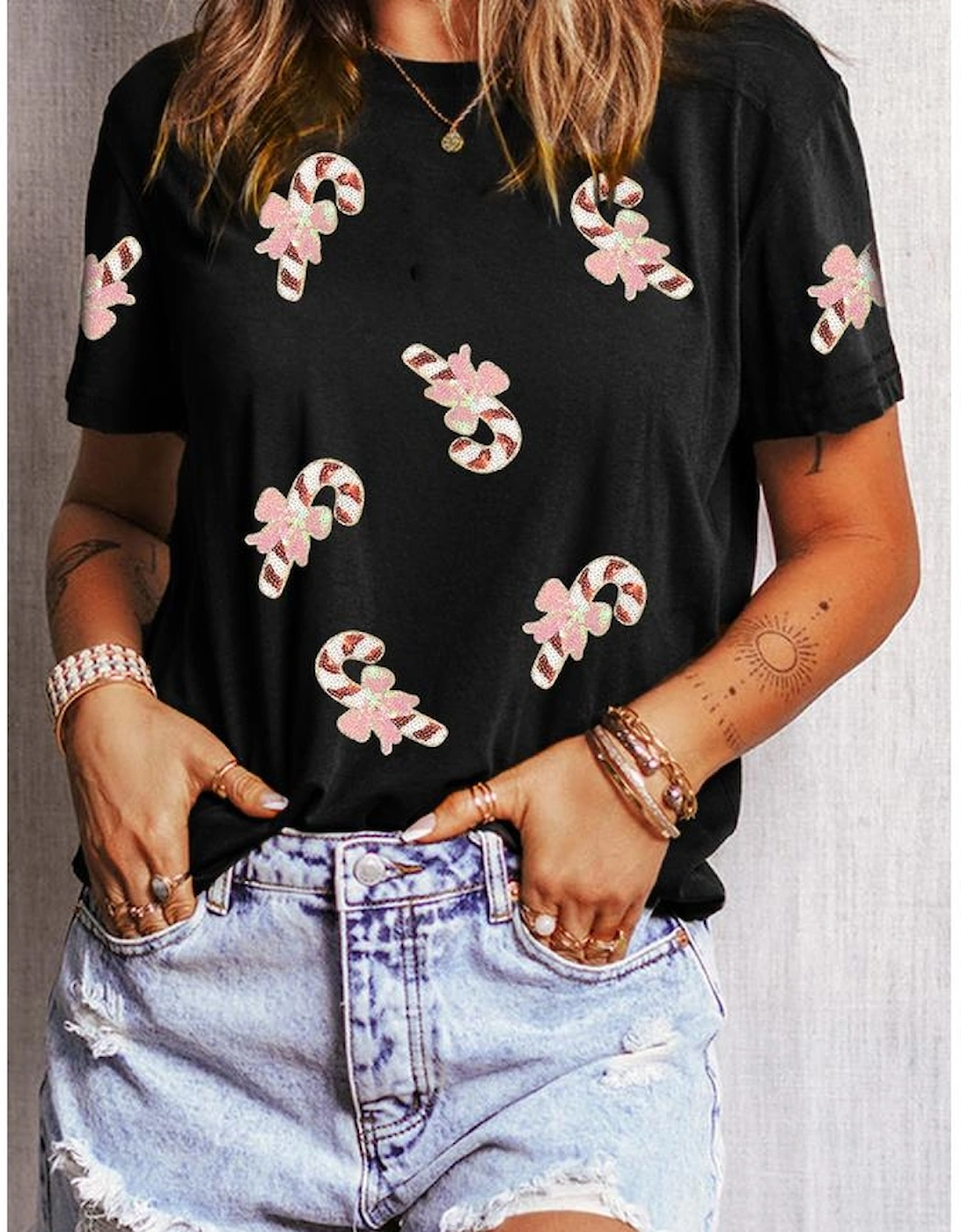 Black Sequined Candy Cane Patched Pattern Holiday T Shirt