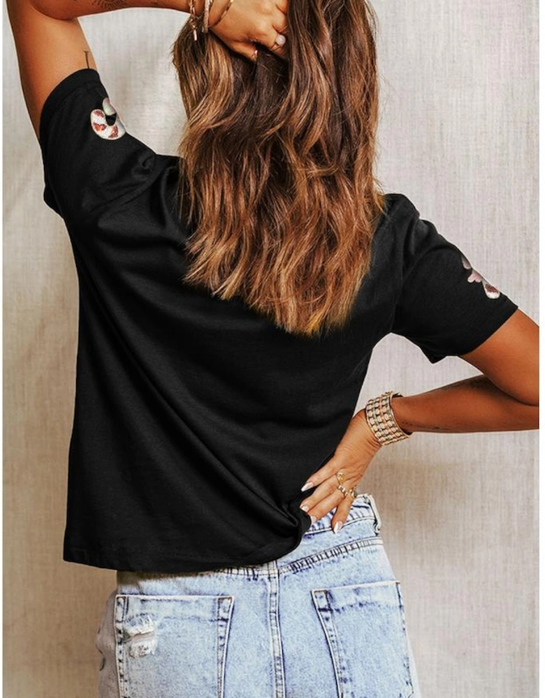 Black Sequined Candy Cane Patched Pattern Holiday T Shirt