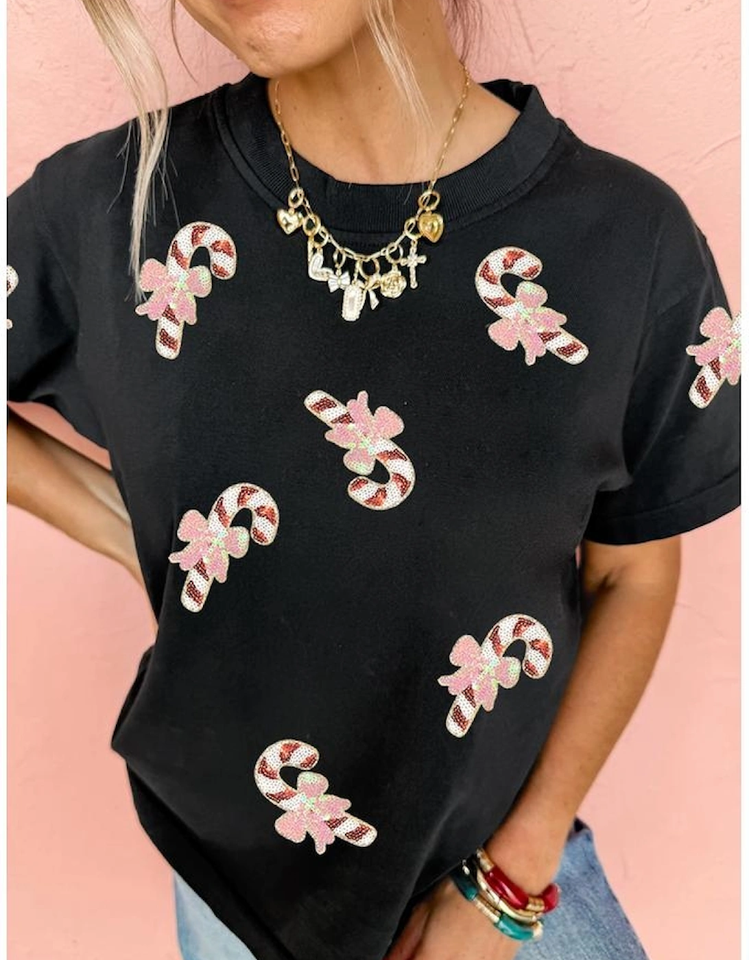 Black Sequined Candy Cane Patched Pattern Holiday T Shirt
