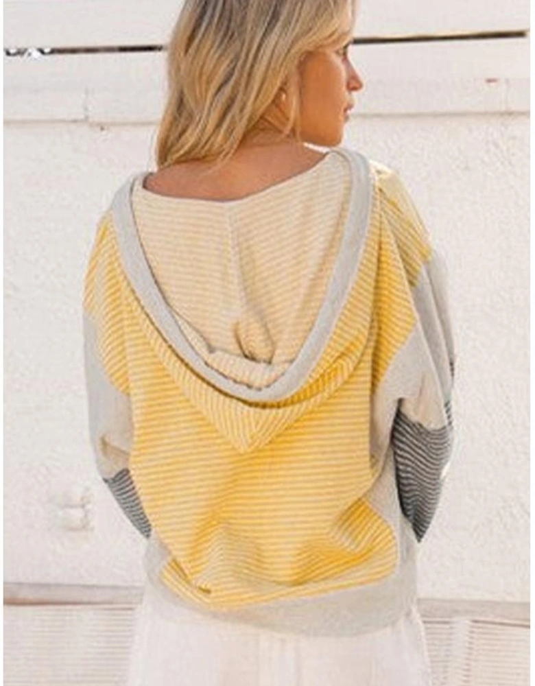 Yellow Stripe Color Block Drawstring V Neck Loose Fit Hooded Top