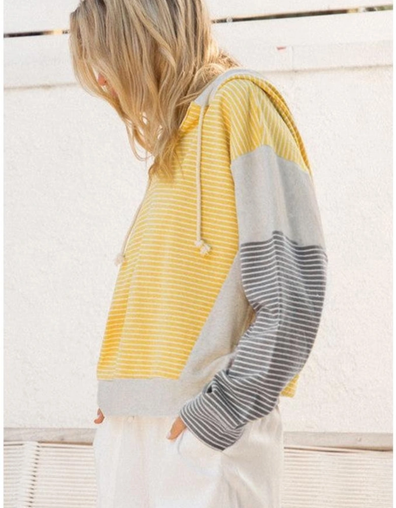 Yellow Stripe Color Block Drawstring V Neck Loose Fit Hooded Top