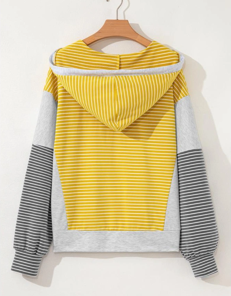 Yellow Stripe Color Block Drawstring V Neck Loose Fit Hooded Top