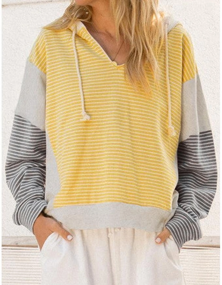 Yellow Stripe Color Block Drawstring V Neck Loose Fit Hooded Top