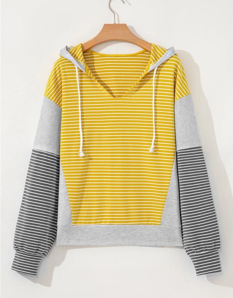 Yellow Stripe Color Block Drawstring V Neck Loose Fit Hooded Top