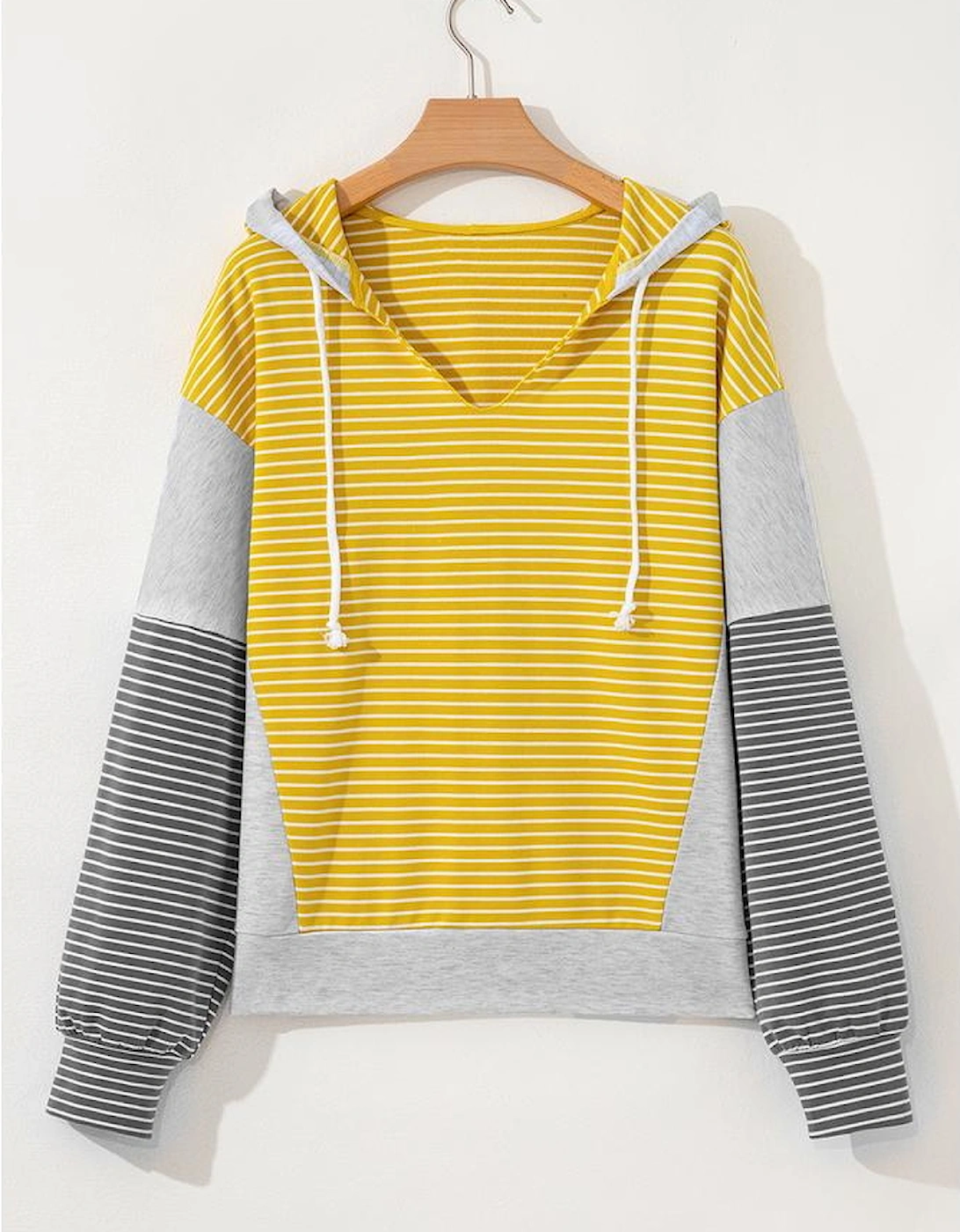 Yellow Stripe Color Block Drawstring V Neck Loose Fit Hooded Top