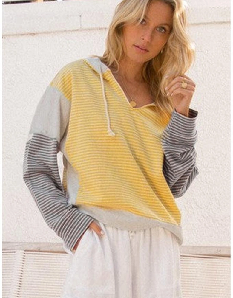 Yellow Stripe Color Block Drawstring V Neck Loose Fit Hooded Top