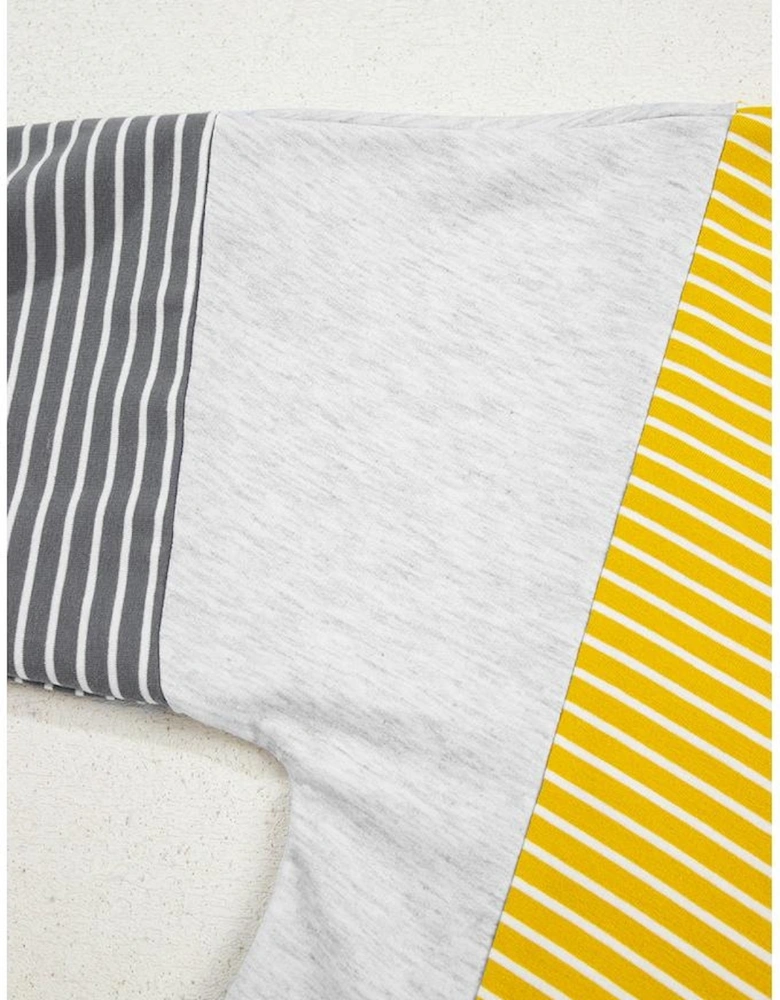 Yellow Stripe Color Block Drawstring V Neck Loose Fit Hooded Top