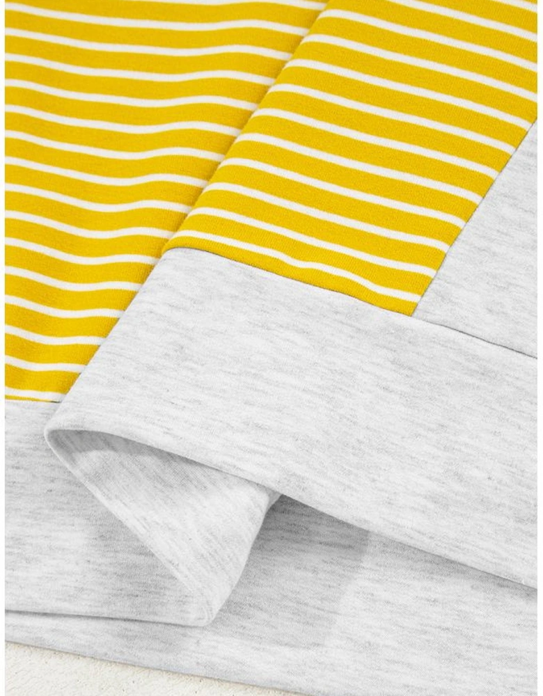 Yellow Stripe Color Block Drawstring V Neck Loose Fit Hooded Top