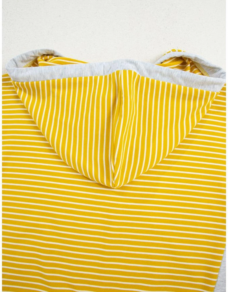 Yellow Stripe Color Block Drawstring V Neck Loose Fit Hooded Top