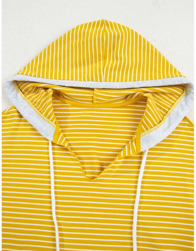 Yellow Stripe Color Block Drawstring V Neck Loose Fit Hooded Top
