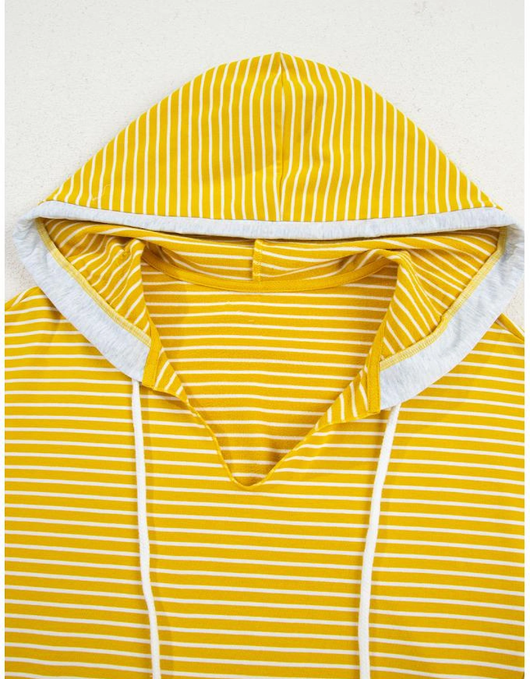 Yellow Stripe Color Block Drawstring V Neck Loose Fit Hooded Top