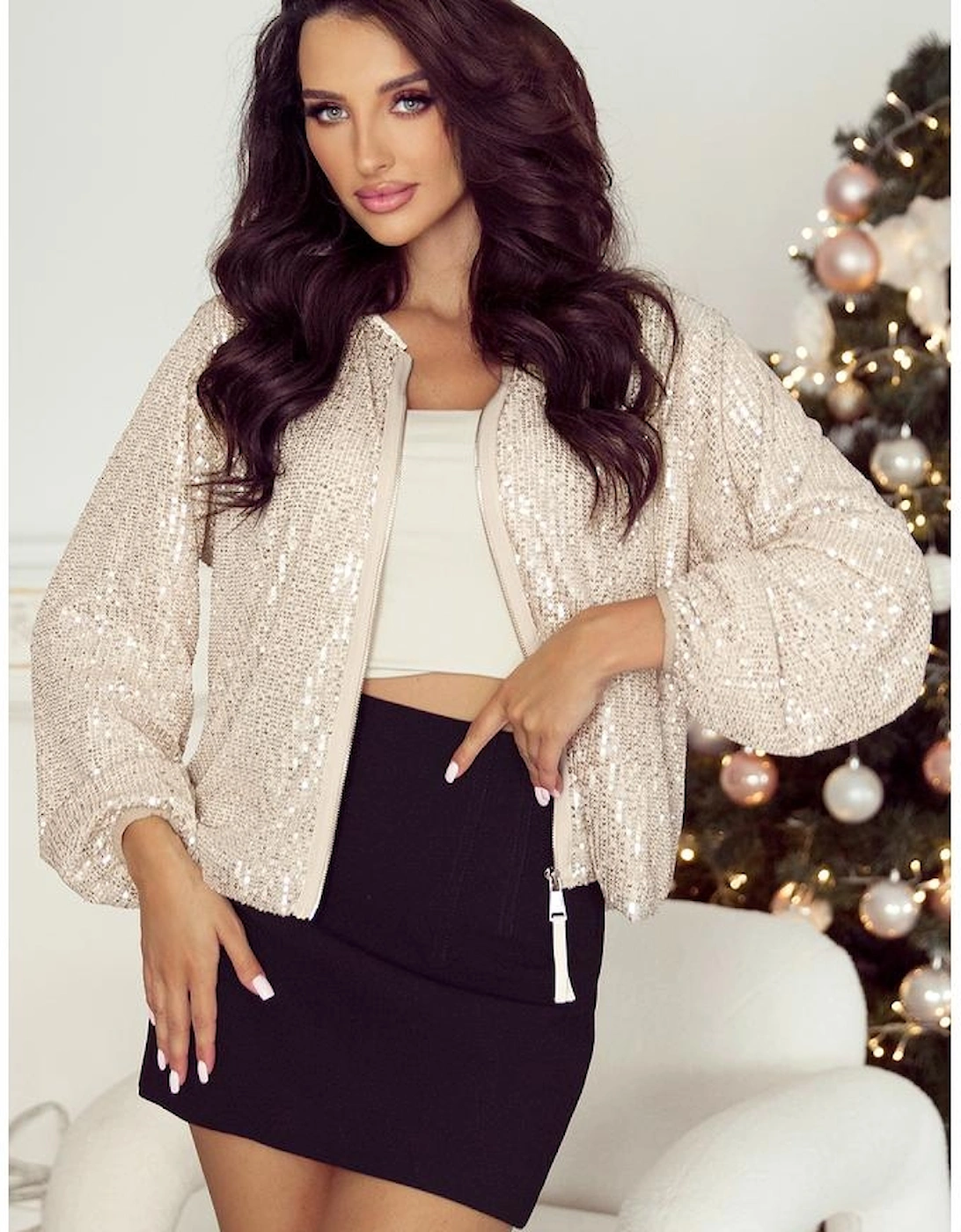Apricot Sequin Zip up Round Neck Long Sleeve Jacket